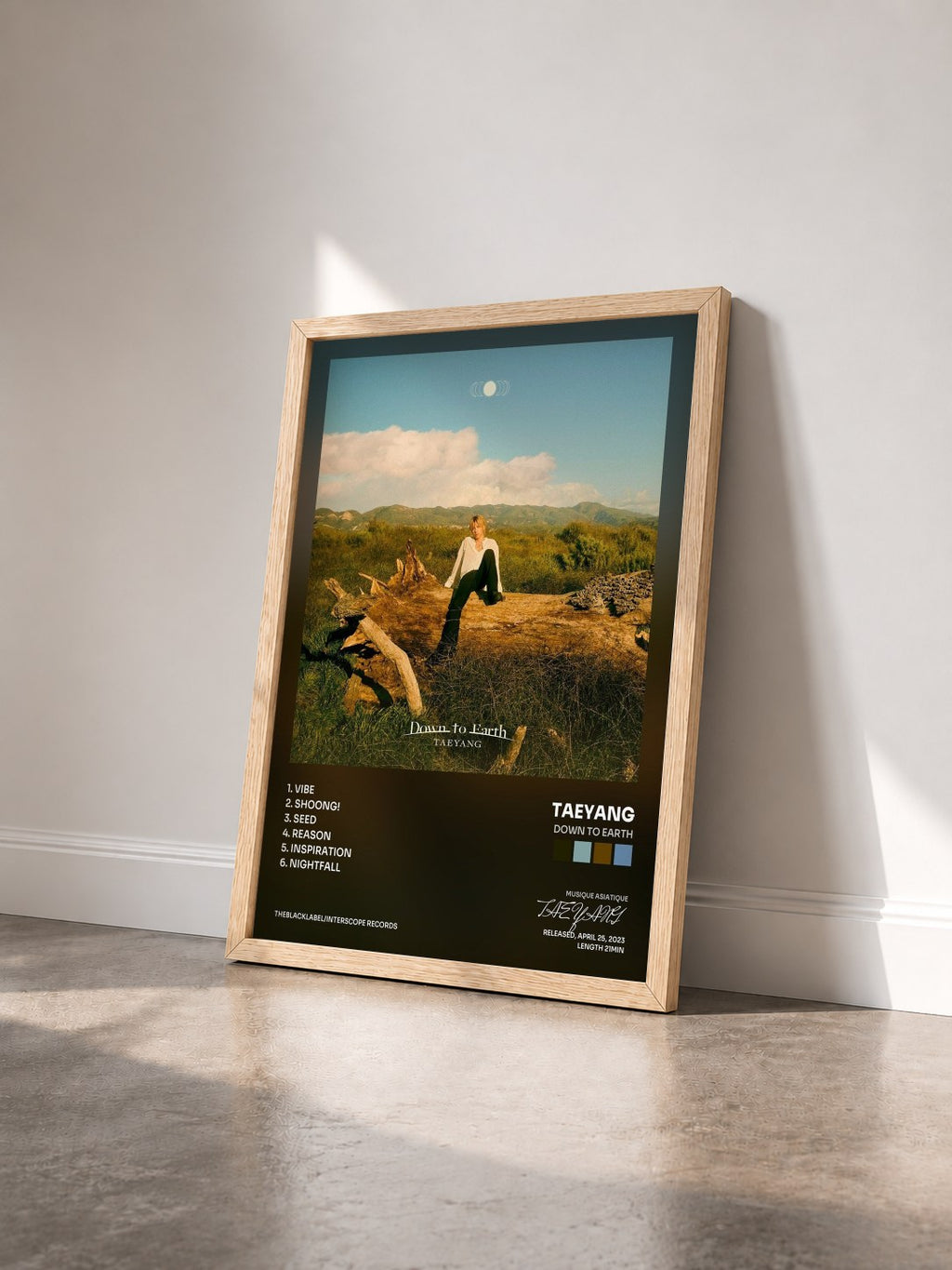 #bois Tableau de l'album Down to Earth de TAEYANG vu de trois quarts, cadre en bois brut