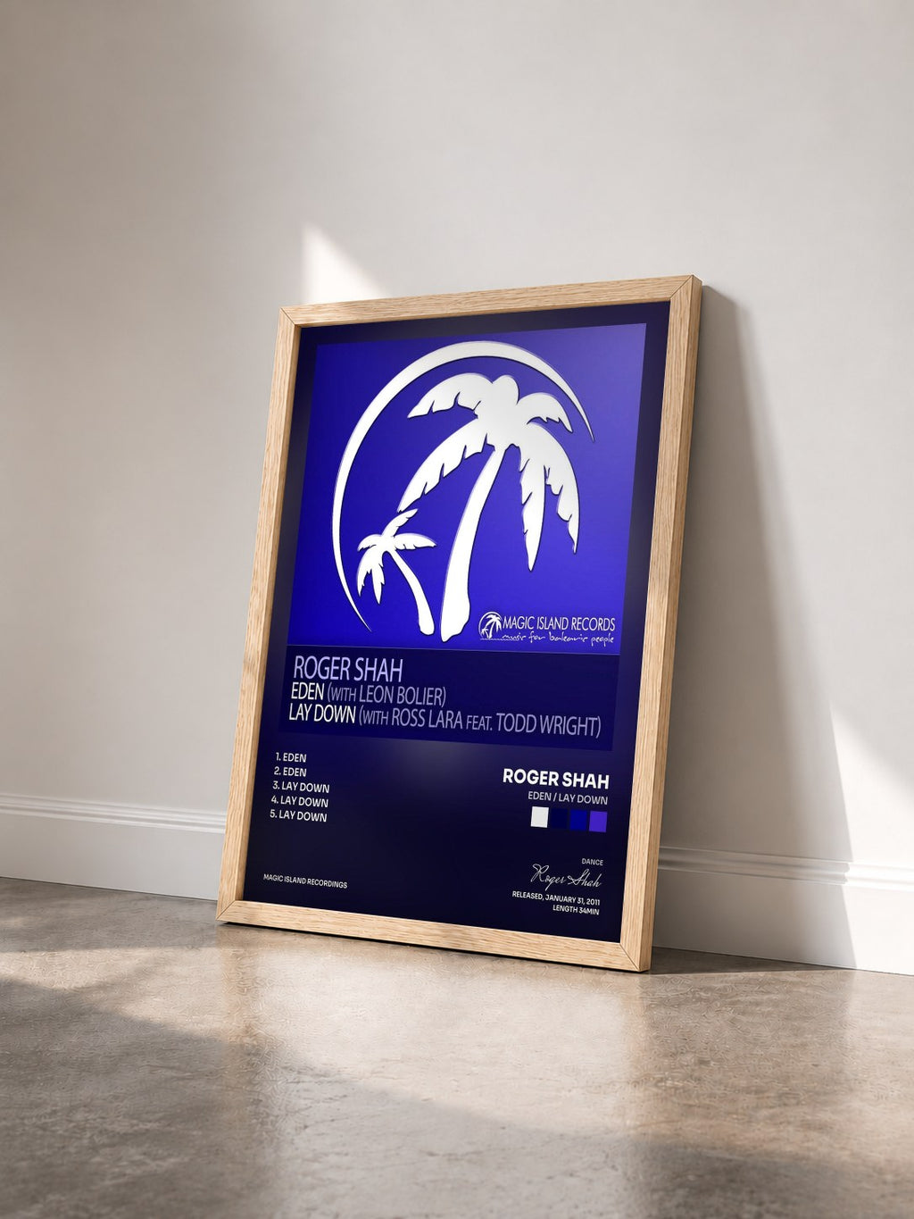 #bois Tableau de l'album Eden / Lay Down de Roger Shah vu de trois quarts, cadre en bois brut