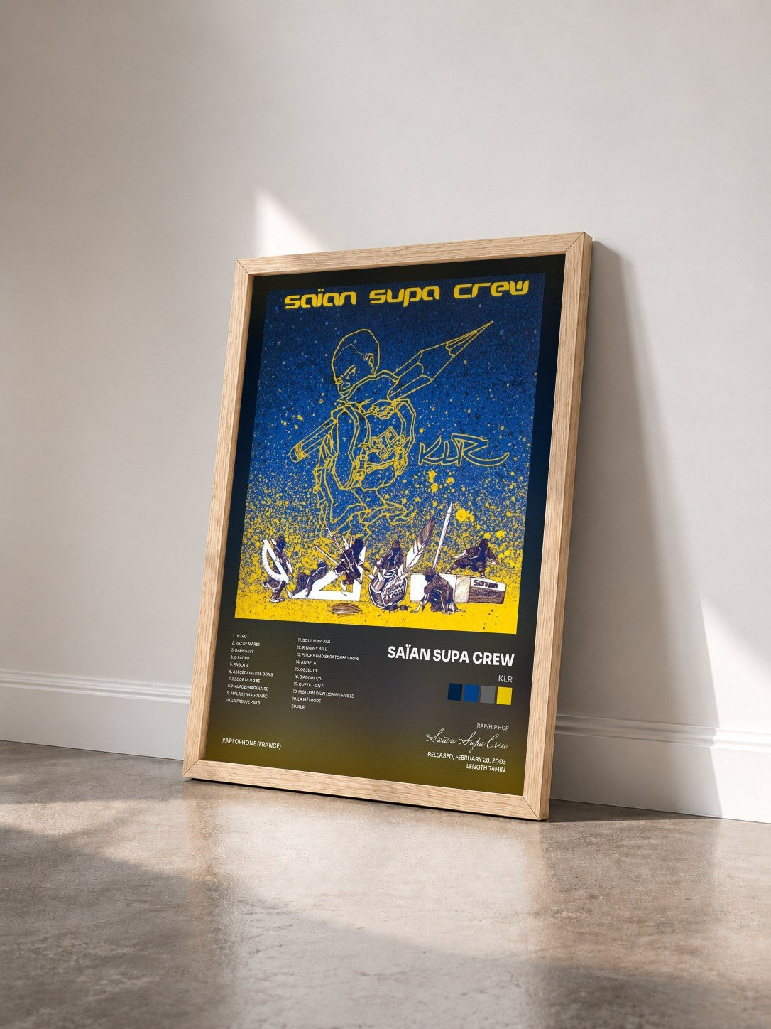 #bois Tableau de l'album Klr de Saïan Supa Crew vu de trois quarts, cadre en bois brut