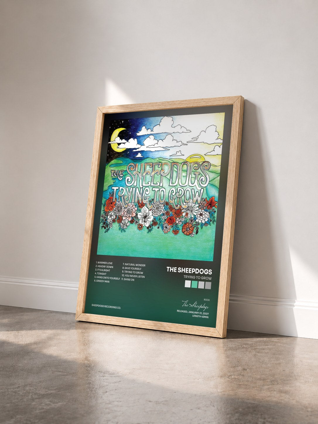 #bois Tableau de l'album Trying to Grow de The Sheepdogs vu de trois quarts, cadre en bois brut