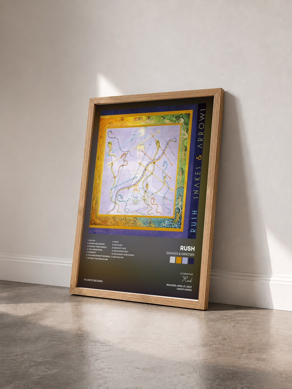 #bois Tableau de l'album Snakes & Arrows de Rush vu de trois quarts, cadre en bois brut