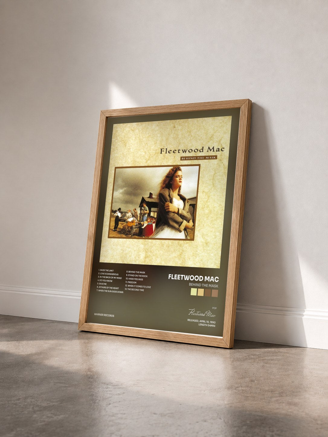 #bois Tableau de l'album Behind the Mask de Fleetwood Mac vu de trois quarts, cadre en bois brut