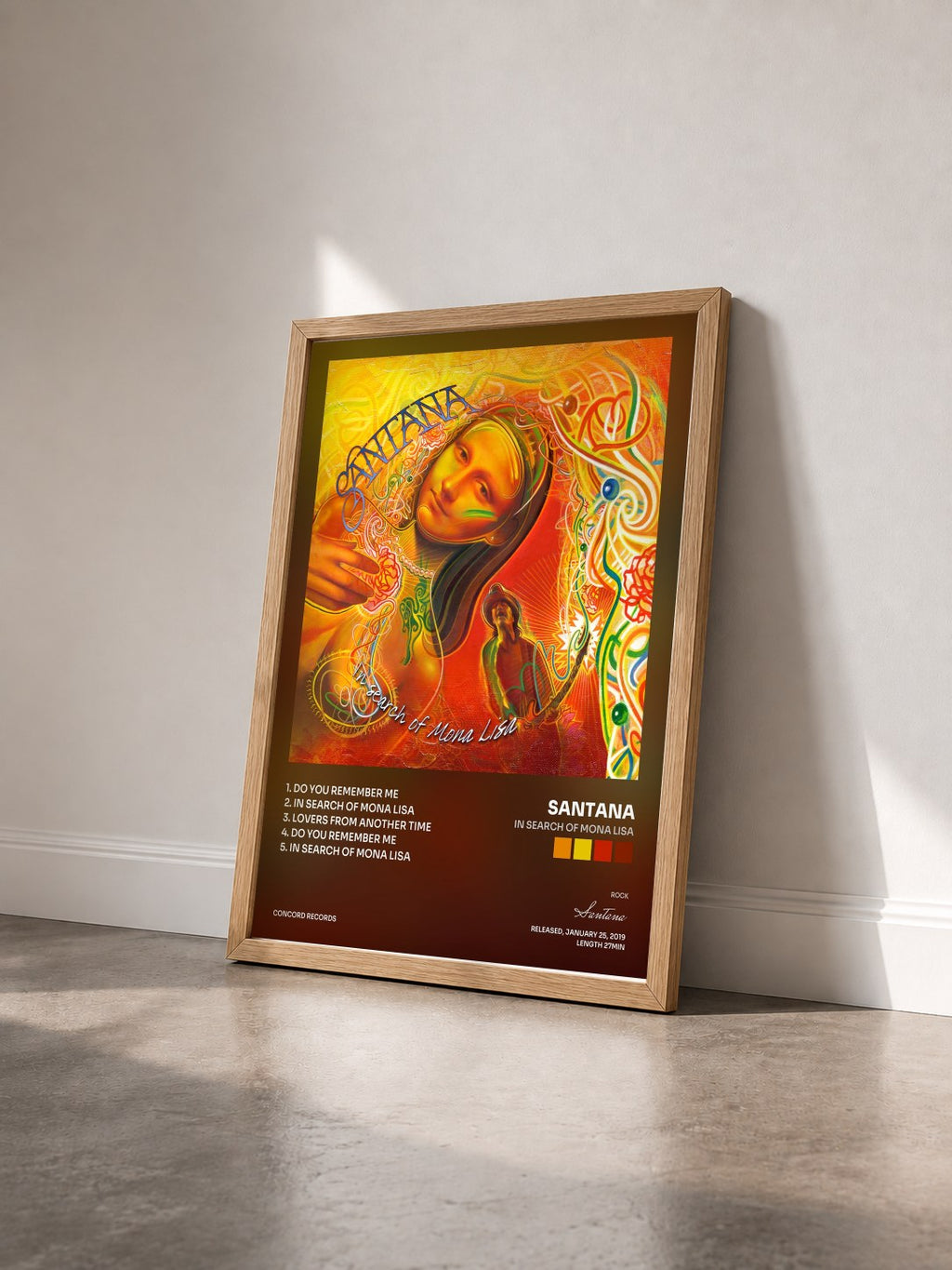 #bois Tableau de l'album In Search Of Mona Lisa de Santana vu de trois quarts, cadre en bois brut