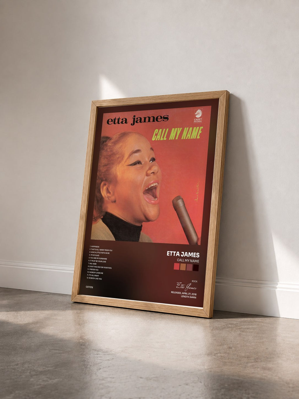#bois Tableau de l'album Call My Name de Etta James vu de trois quarts, cadre en bois brut