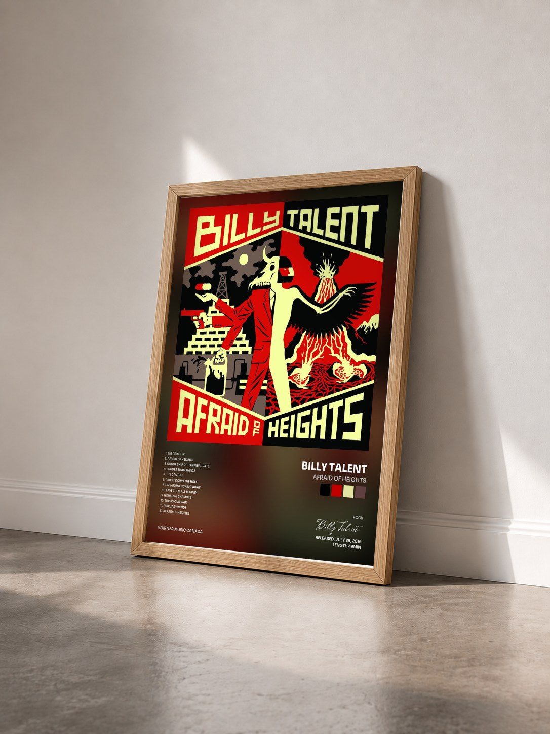 #bois Tableau de l'album Afraid of Heights de Billy Talent vu de trois quarts, cadre en bois brut