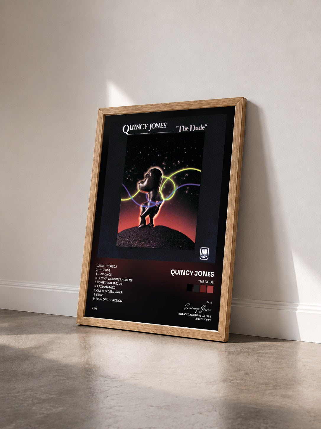 #bois Tableau de l'album The Dude de Quincy Jones vu de trois quarts, cadre en bois brut