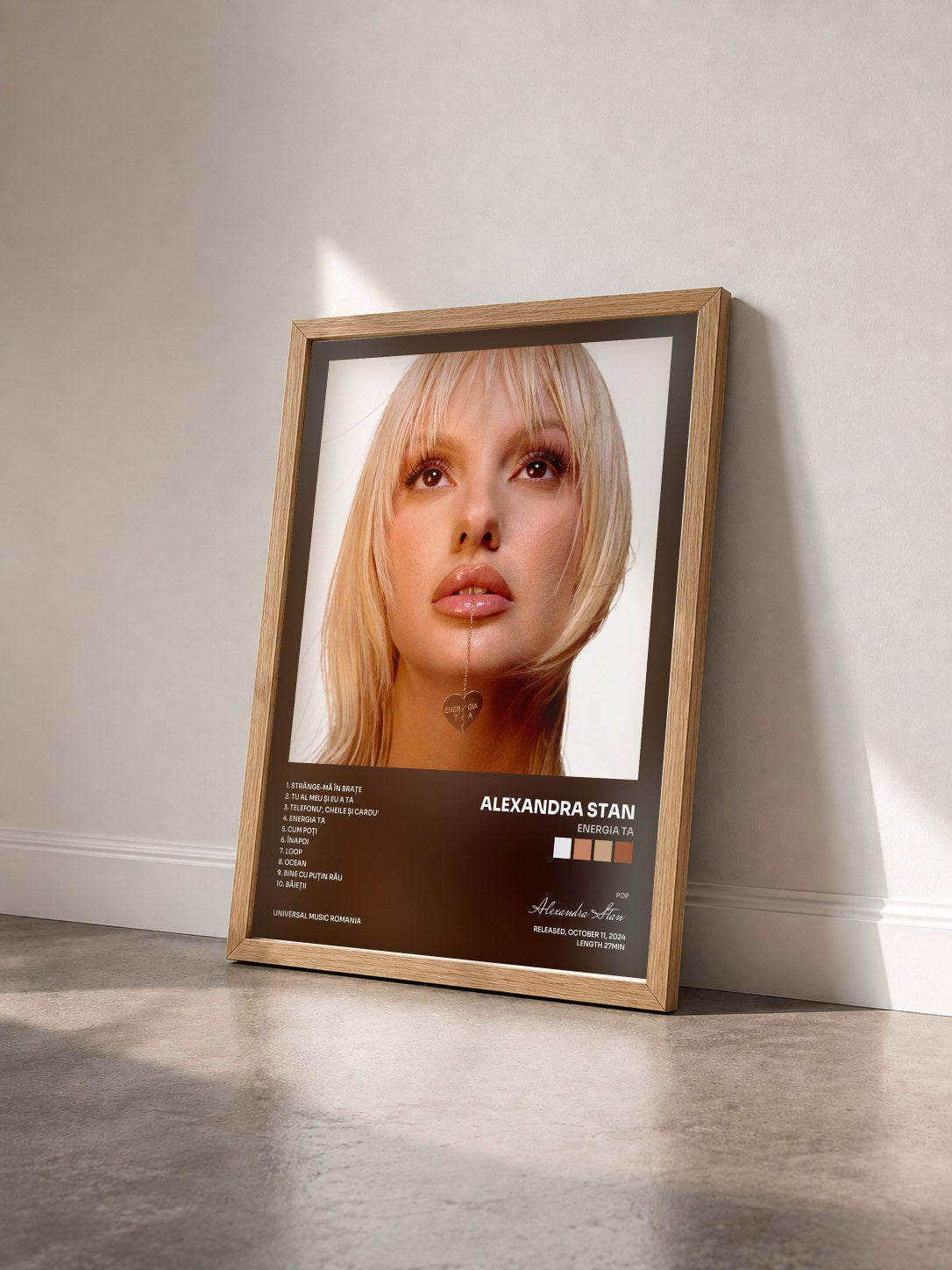 #bois Tableau de l'album Energia ta de Alexandra Stan vu de trois quarts, cadre en bois brut