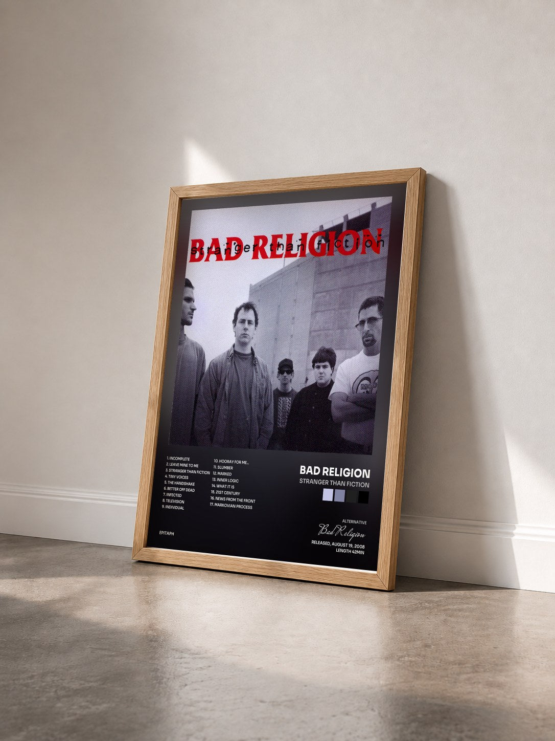 #bois Tableau de l'album Stranger Than Fiction de Bad Religion vu de trois quarts, cadre en bois brut
