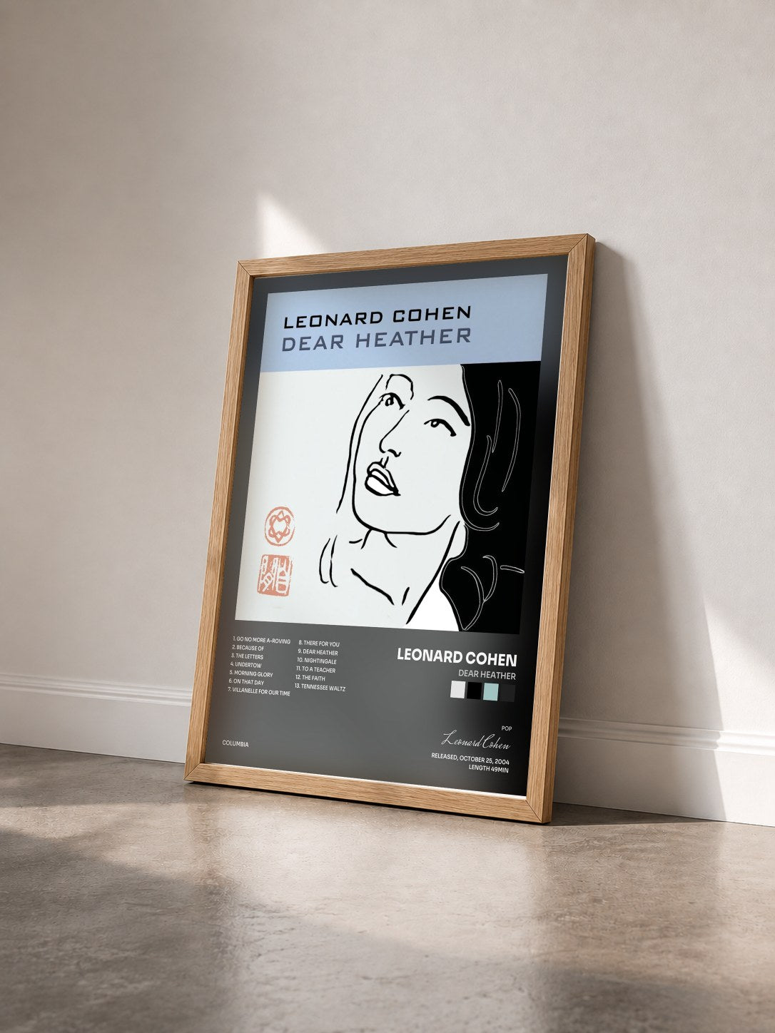 #bois Tableau de l'album Dear Heather de Leonard Cohen vu de trois quarts, cadre en bois brut