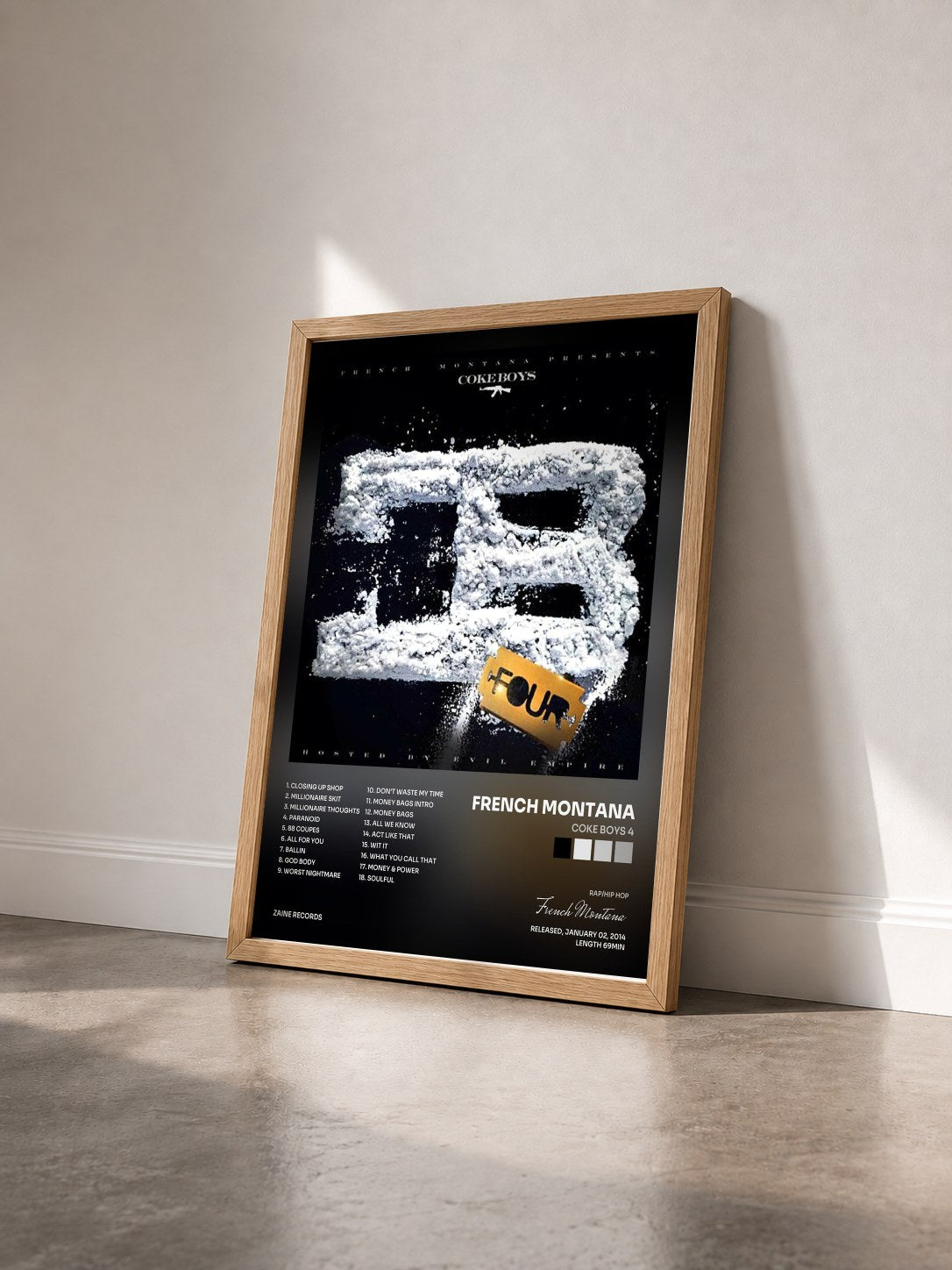 #bois Tableau de l'album Coke Boys 4 de French Montana vu de trois quarts, cadre en bois brut