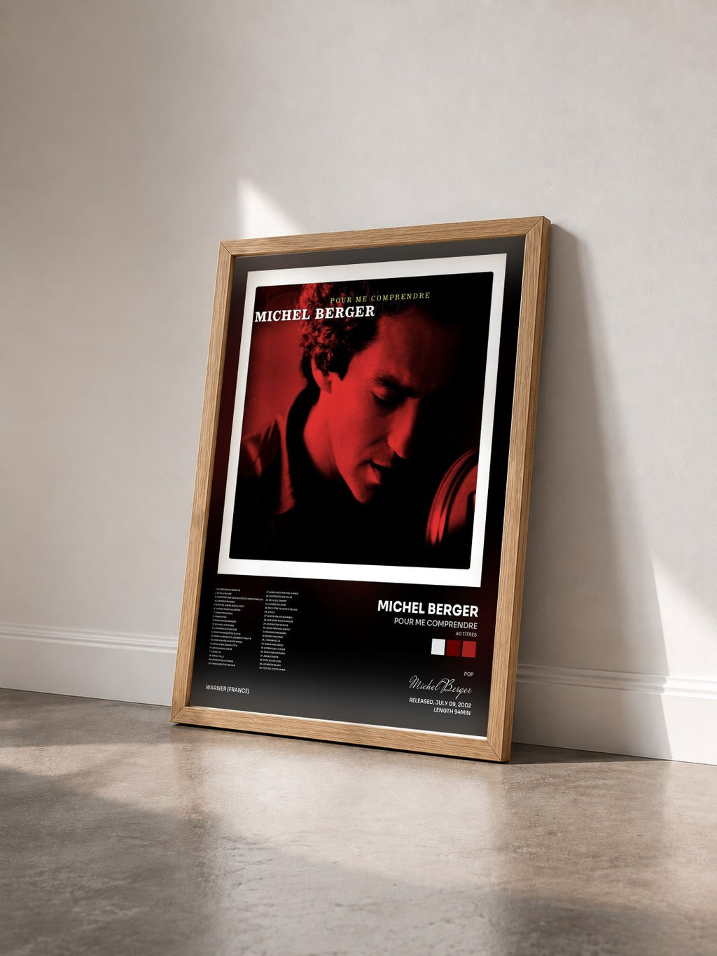 #bois Tableau de l'album Pour me comprendre (40 titres) de Michel Berger vu de trois quarts, cadre en bois brut