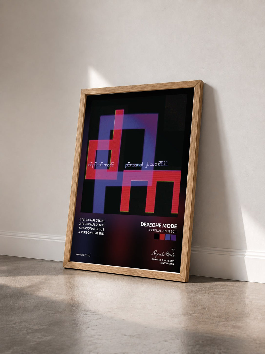 #bois Tableau de l'album Personal Jesus 2011 de Depeche Mode vu de trois quarts, cadre en bois brut