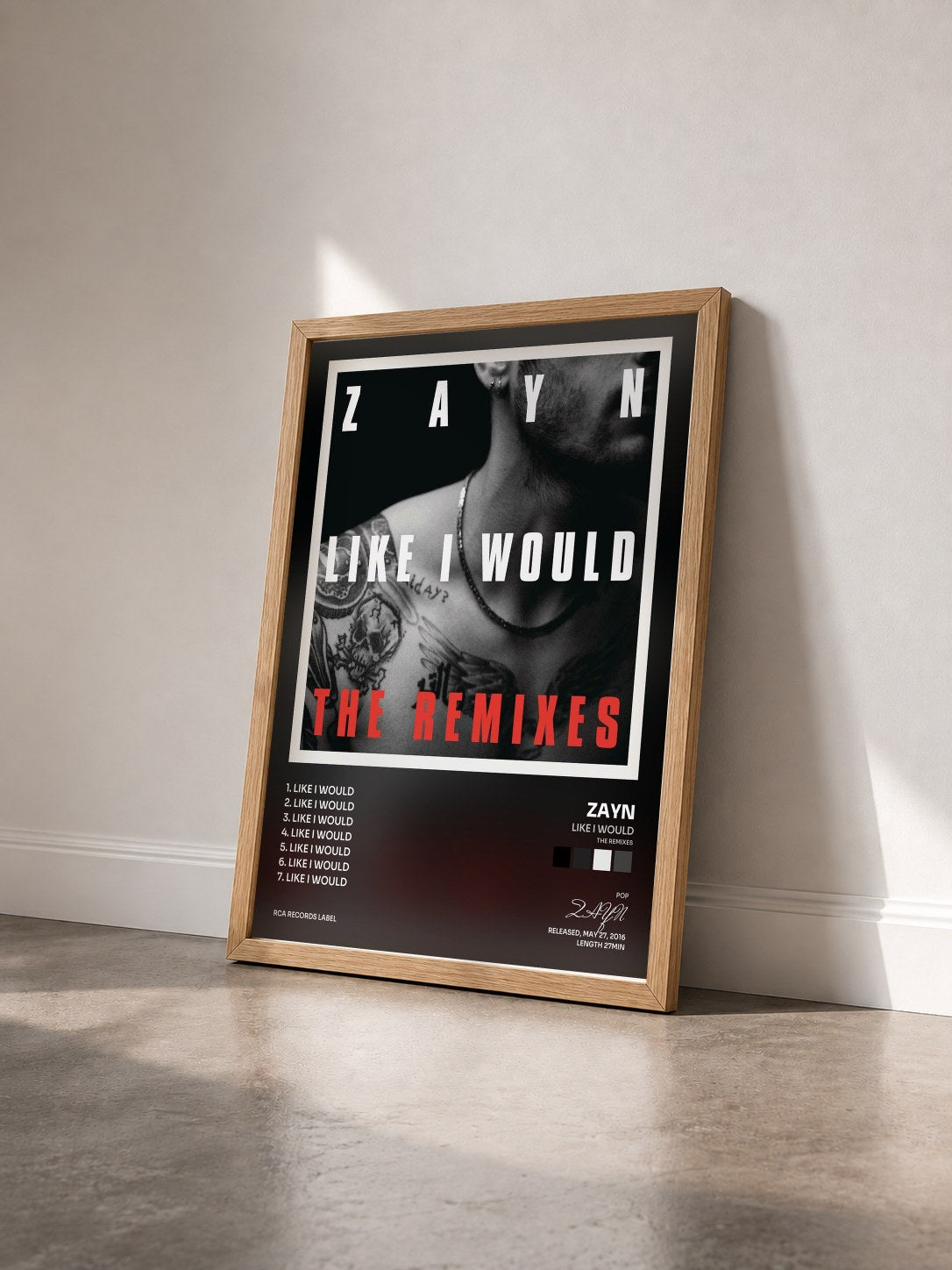 #bois Tableau de l'album LIKE I WOULD (The Remixes) de ZAYN vu de trois quarts, cadre en bois brut