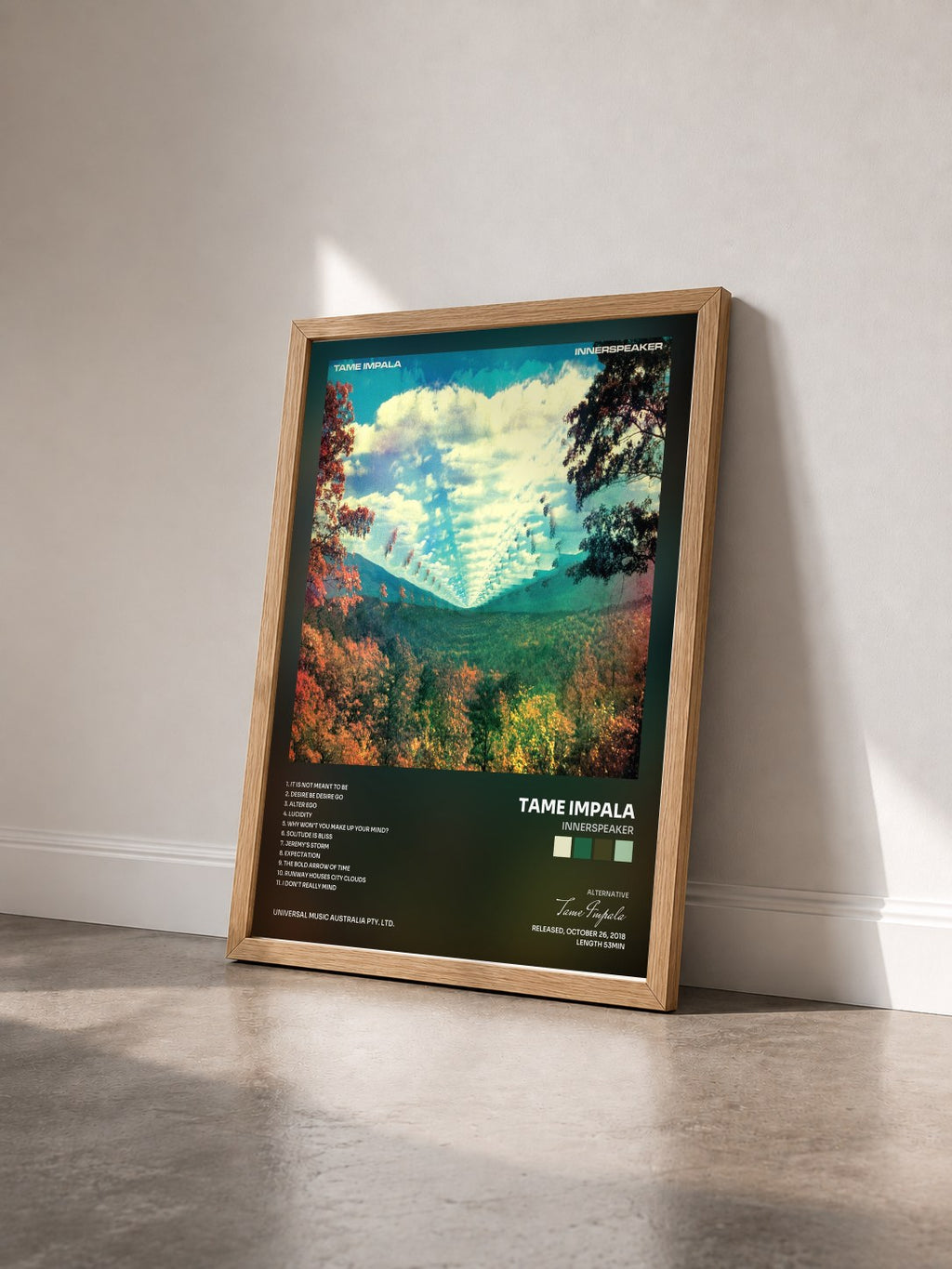 #bois Tableau de l'album InnerSpeaker de Tame Impala vu de trois quarts, cadre en bois brut