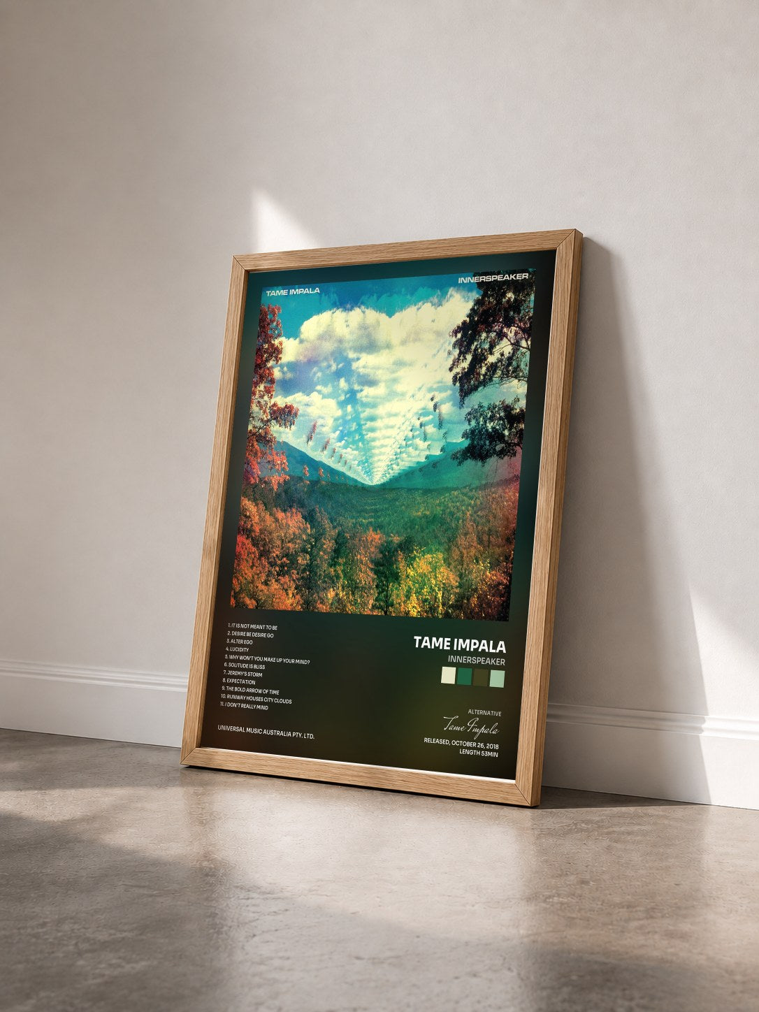 #bois Tableau de l'album InnerSpeaker de Tame Impala vu de trois quarts, cadre en bois brut