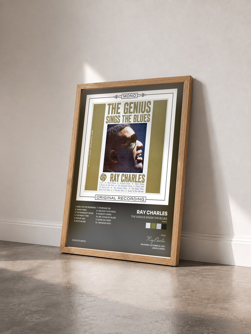 #bois Tableau de l'album The Genius Sings the Blues (Mono) de Ray Charles vu de trois quarts, cadre en bois brut