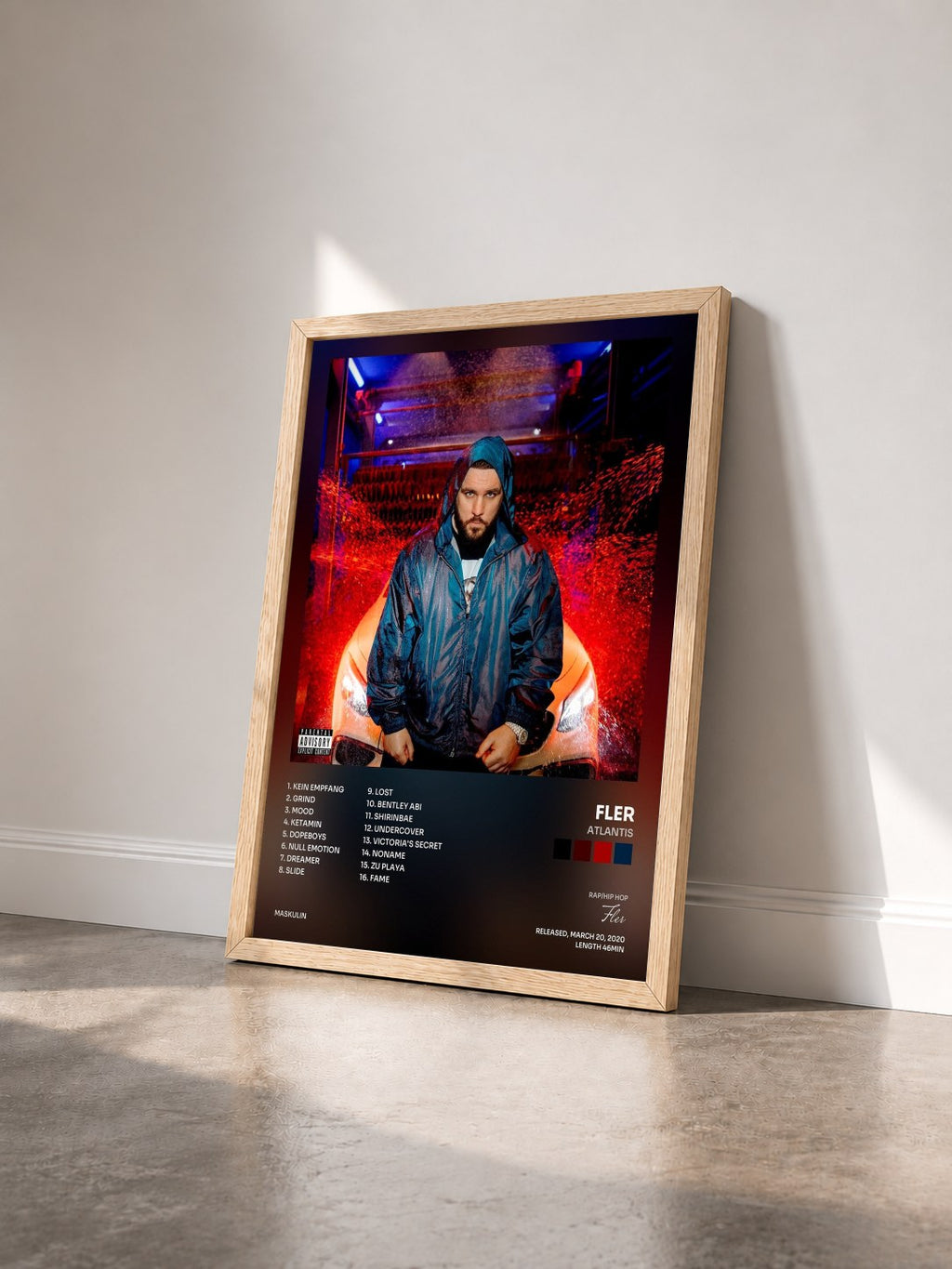 #bois Tableau de l'album ATLANTIS de Fler vu de trois quarts, cadre en bois brut