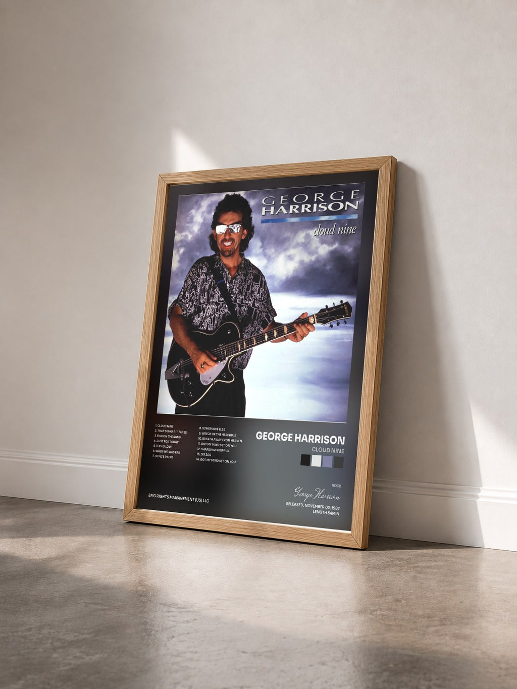 #bois Tableau de l'album Cloud Nine de George Harrison vu de trois quarts, cadre en bois brut