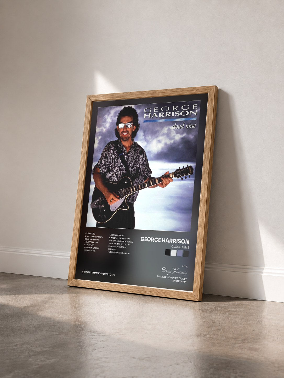 #bois Tableau de l'album Cloud Nine de George Harrison vu de trois quarts, cadre en bois brut