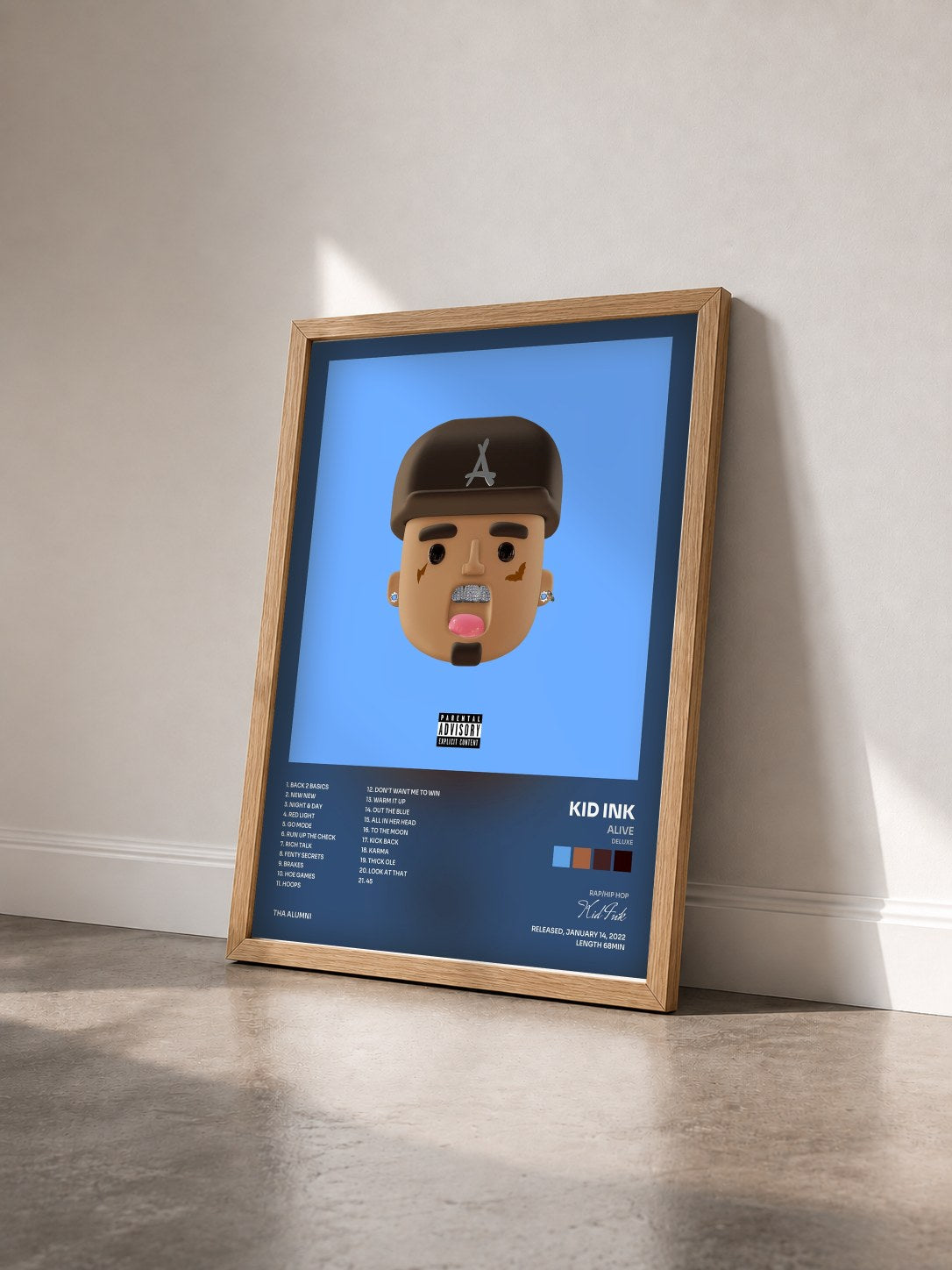 #bois Tableau de l'album ALIVE (Deluxe) de Kid Ink vu de trois quarts, cadre en bois brut
