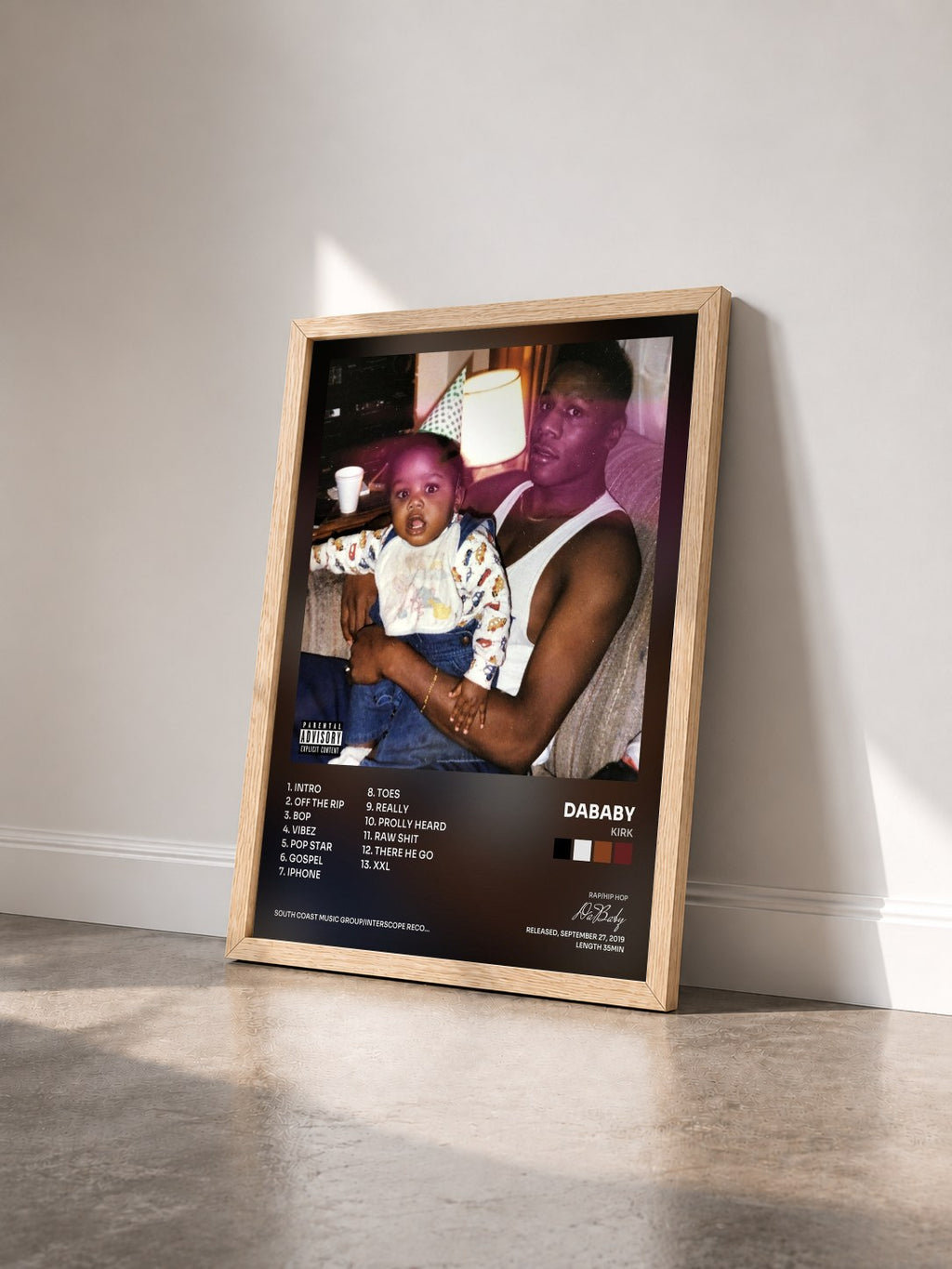 #bois Tableau de l'album KIRK de DaBaby vu de trois quarts, cadre en bois brut