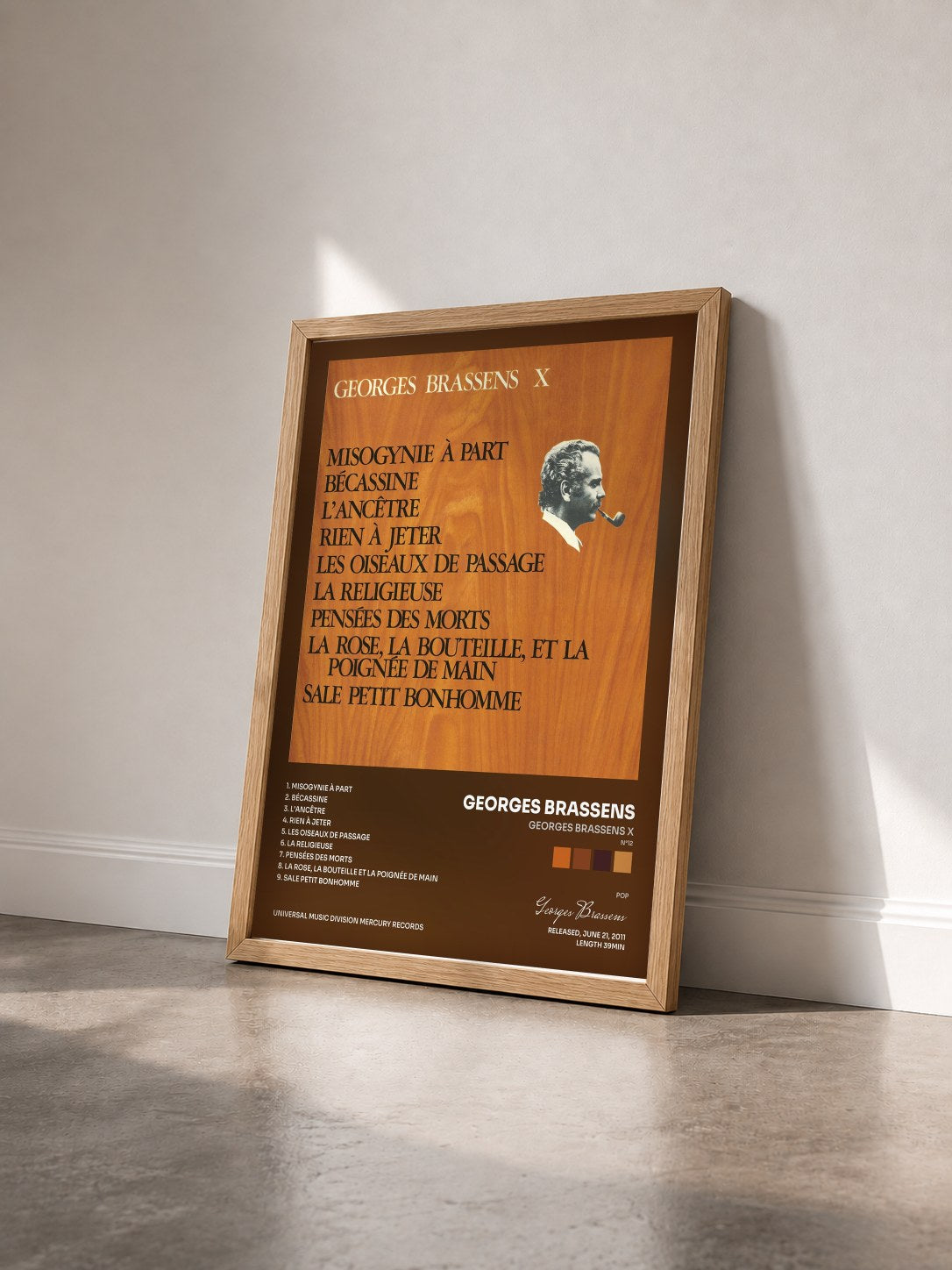 #bois Tableau de l'album Georges Brassens X (N°12) Misogynie à part de Georges Brassens vu de trois quarts, cadre en bois brut