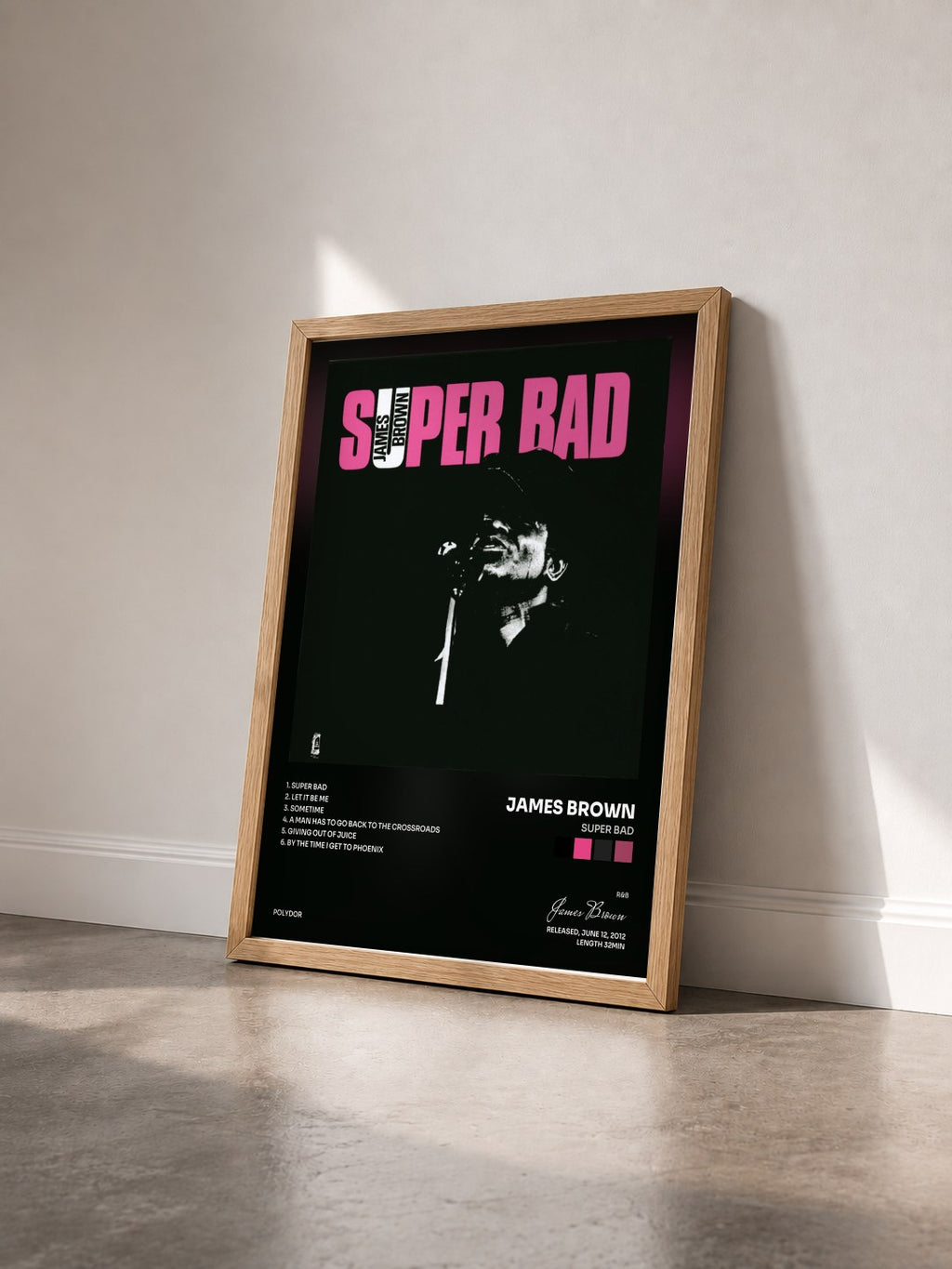 #bois Tableau de l'album Super Bad de James Brown vu de trois quarts, cadre en bois brut