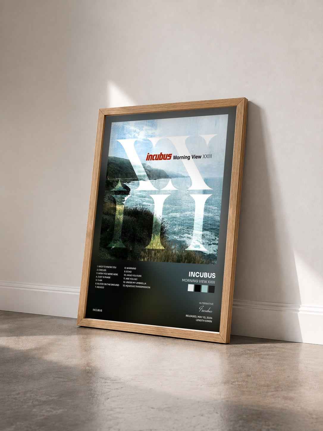 #bois Tableau de l'album Morning View XXIII de Incubus vu de trois quarts, cadre en bois brut