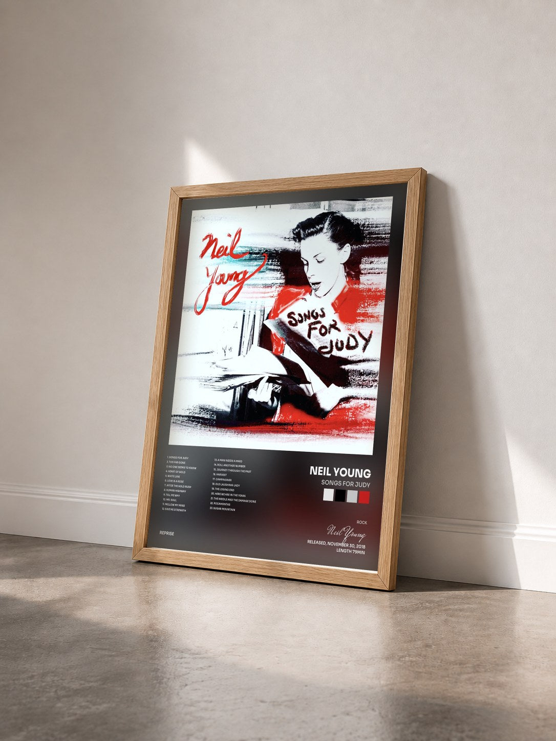 #bois Tableau de l'album Songs for Judy de Neil Young vu de trois quarts, cadre en bois brut