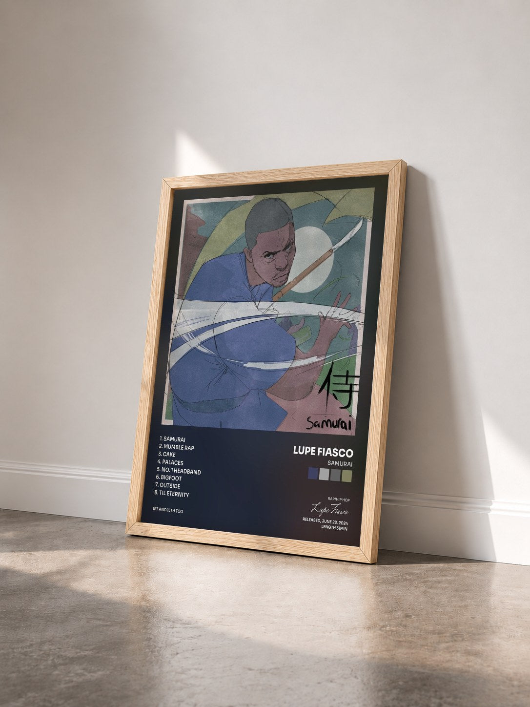 #bois Tableau de l'album Samurai de Lupe Fiasco vu de trois quarts, cadre en bois brut