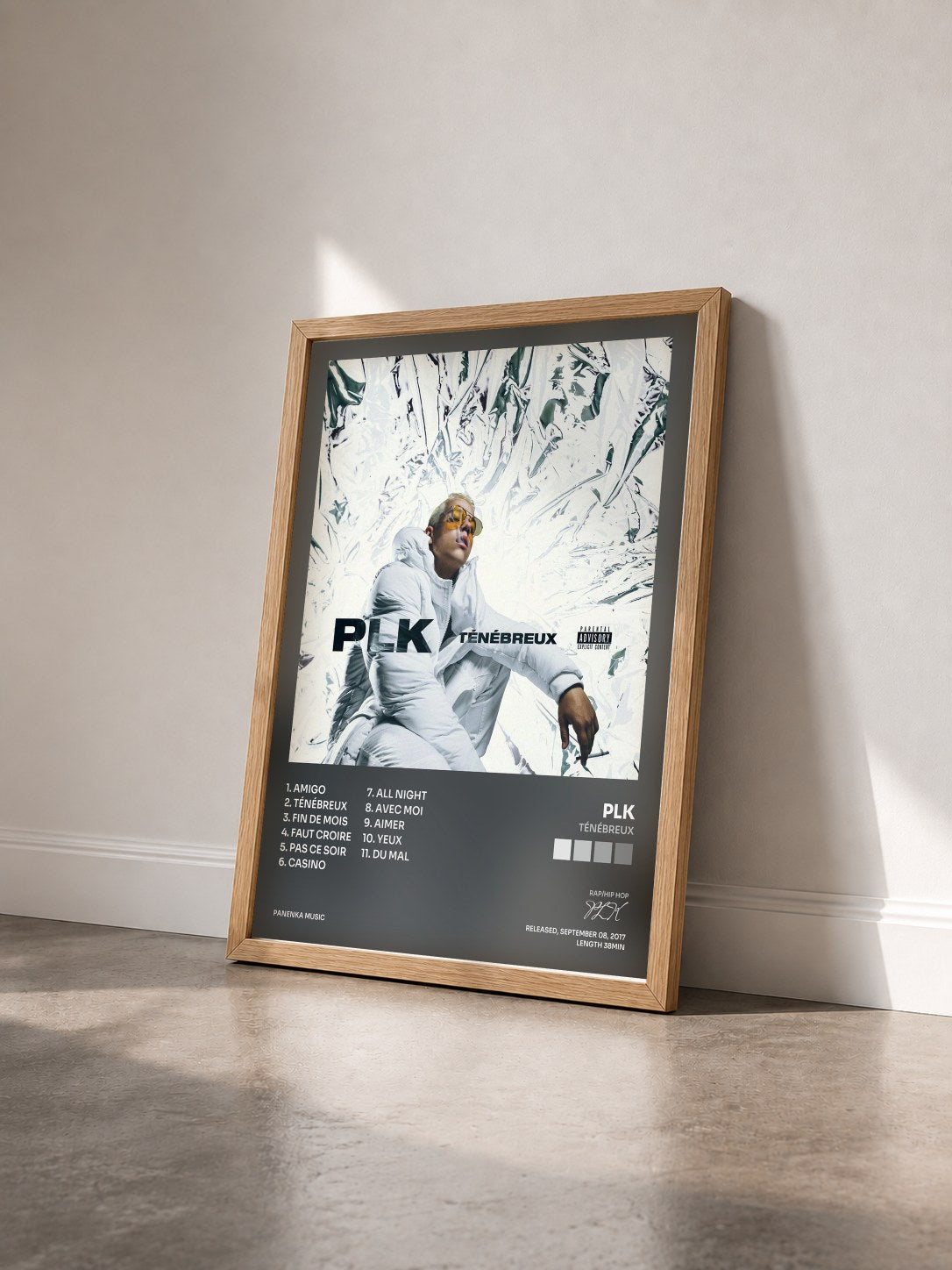 #bois Tableau de l'album Ténébreux de PLK vu de trois quarts, cadre en bois brut