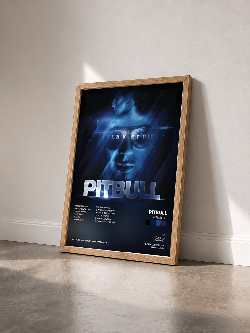 #bois Tableau de l'album Planet Pit de Pitbull vu de trois quarts, cadre en bois brut