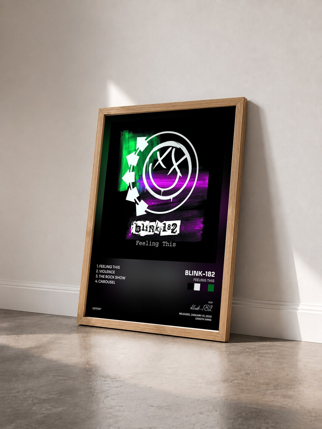 #bois Tableau de l'album Feeling This de blink-182 vu de trois quarts, cadre en bois brut