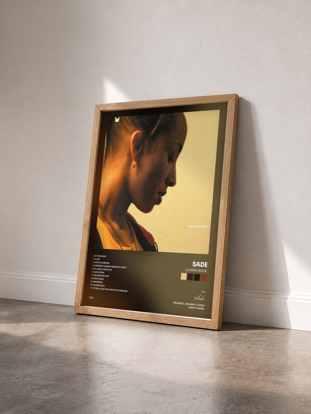 #bois Tableau de l'album Lovers Rock de Sade vu de trois quarts, cadre en bois brut