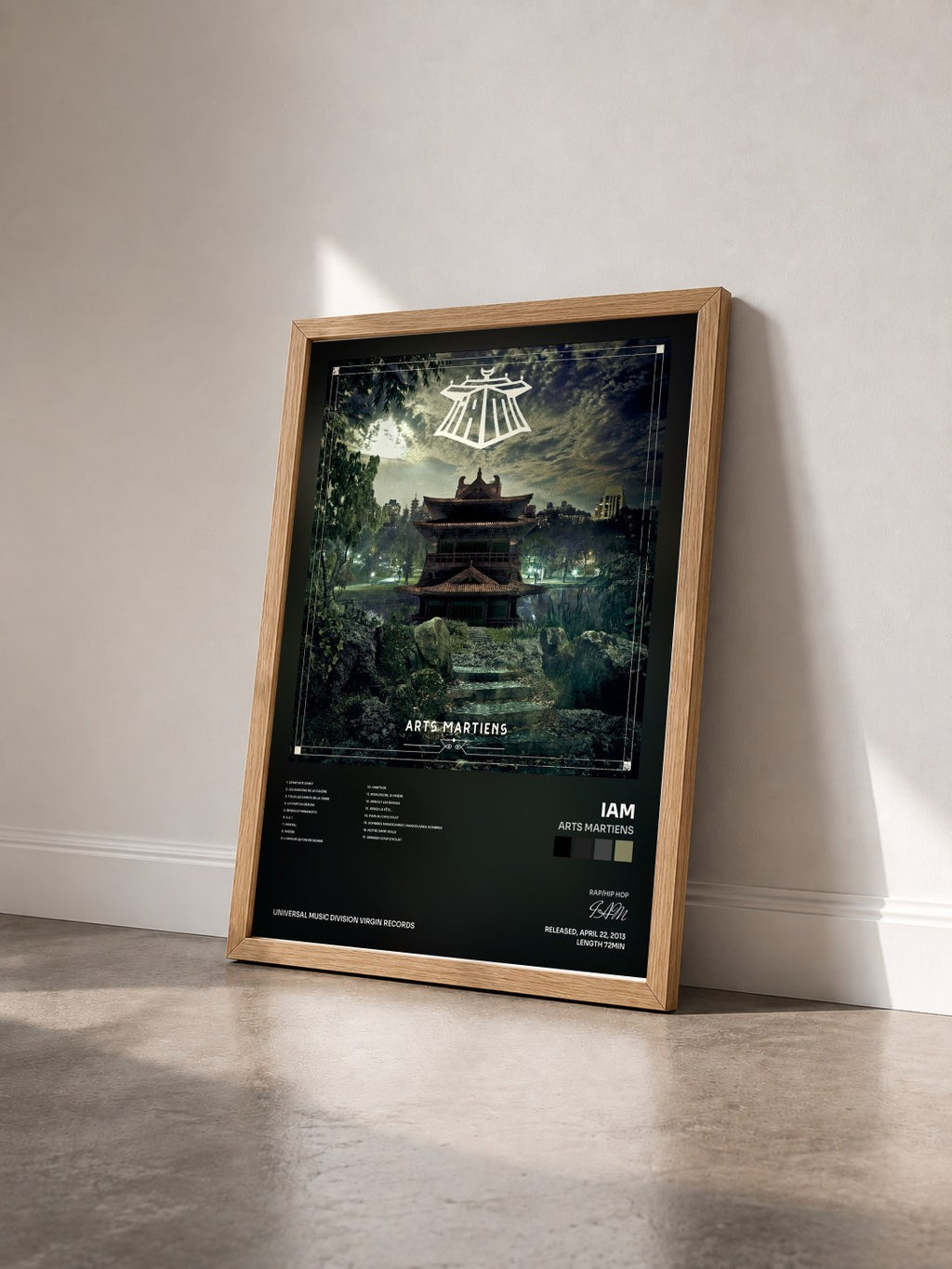 #bois Tableau de l'album Arts Martiens de IAM vu de trois quarts, cadre en bois brut