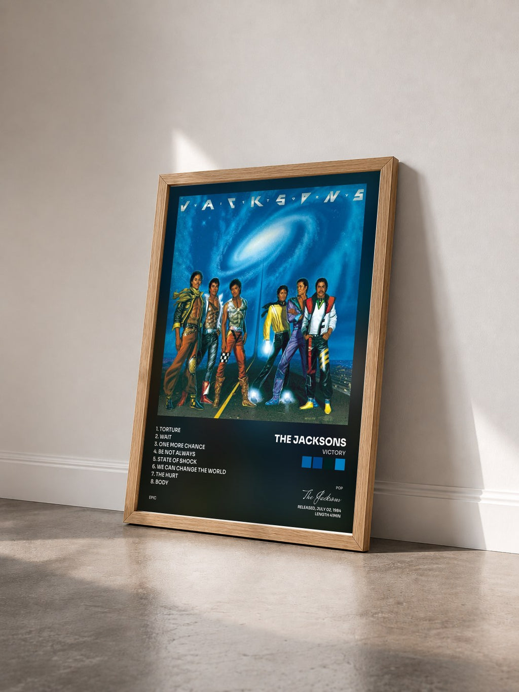 #bois Tableau de l'album Victory de The Jacksons vu de trois quarts, cadre en bois brut