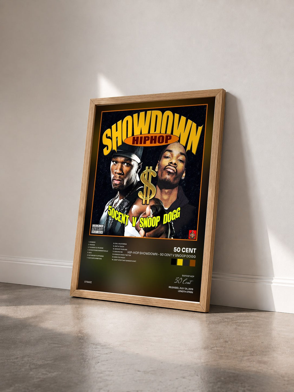 #bois Tableau de l'album Hip-Hop Showdown - 50 Cent v Snoop Dogg de 50 Cent vu de trois quarts, cadre en bois brut
