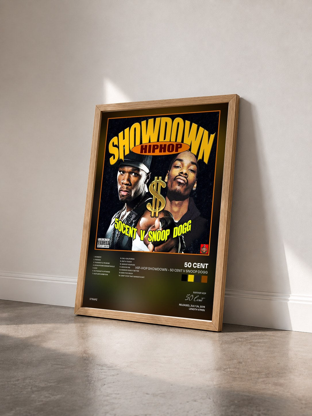 #bois Tableau de l'album Hip-Hop Showdown - 50 Cent v Snoop Dogg de 50 Cent vu de trois quarts, cadre en bois brut