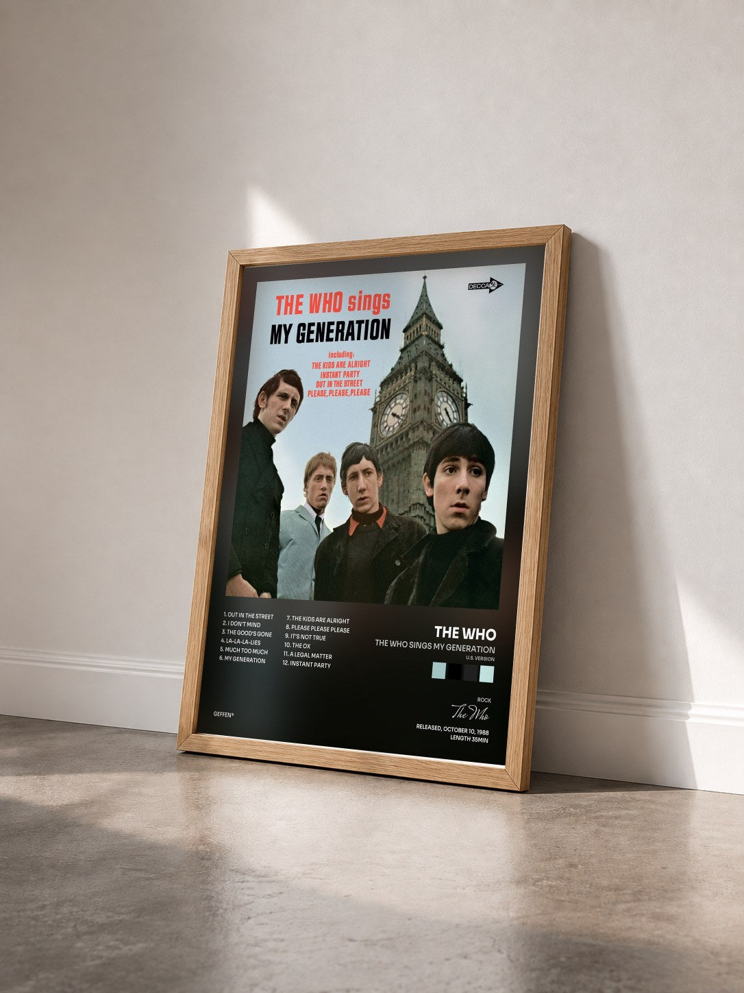 #bois Tableau de l'album The Who Sings My Generation (U.S. Version) de The Who vu de trois quarts, cadre en bois brut