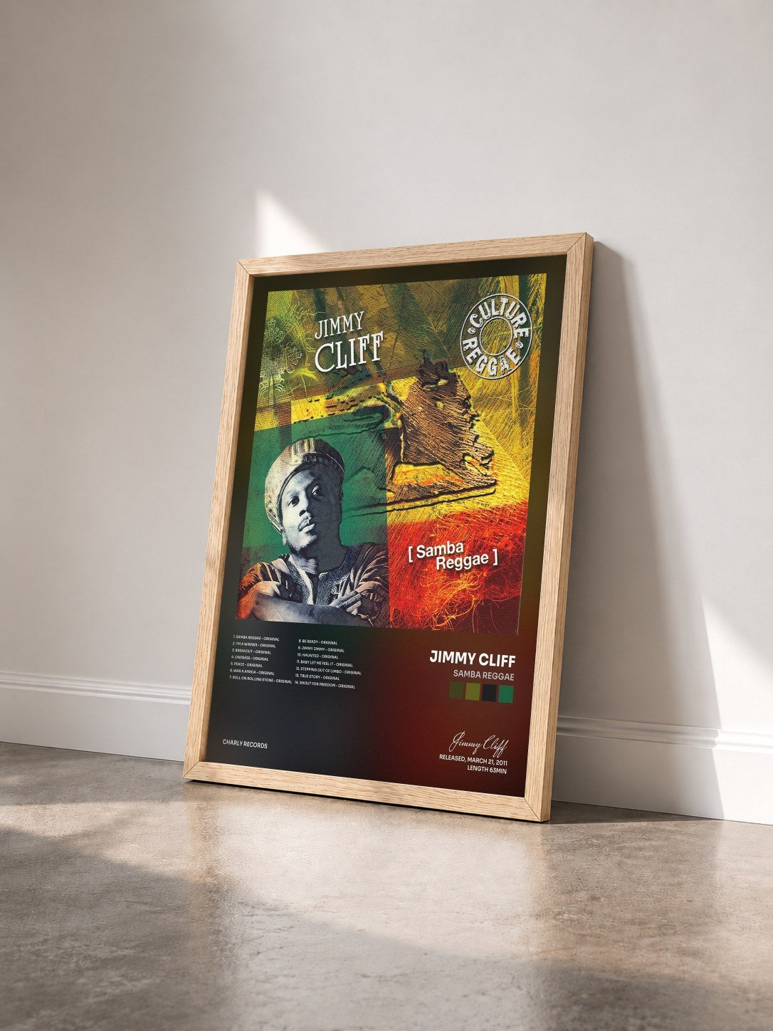#bois Tableau de l'album Samba Reggae de Jimmy Cliff vu de trois quarts, cadre en bois brut