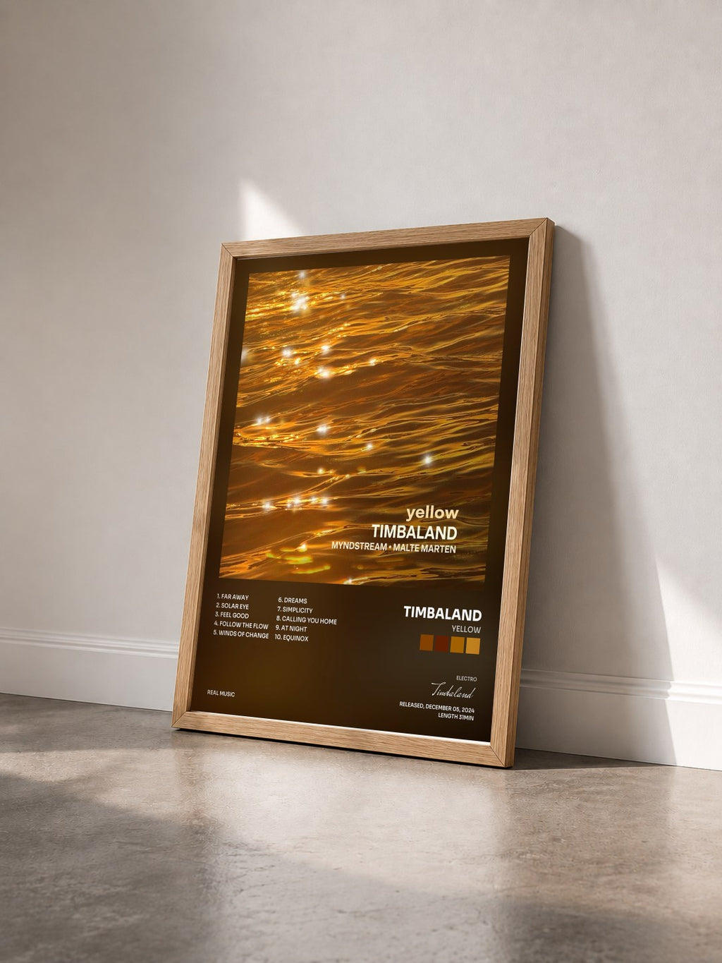 #bois Tableau de l'album Yellow de Timbaland vu de trois quarts, cadre en bois brut