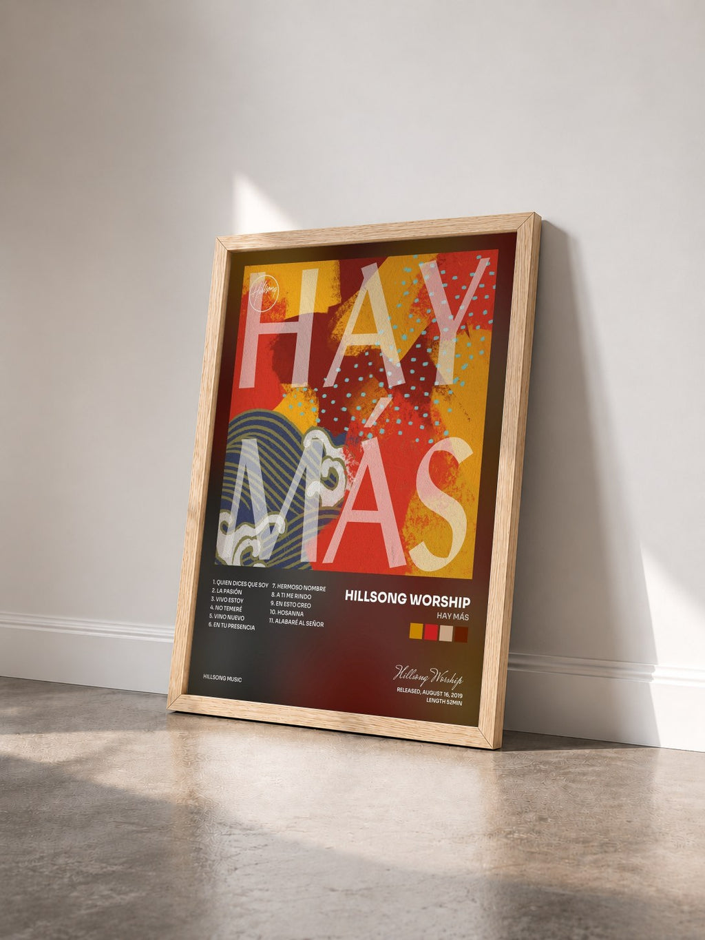#bois Tableau de l'album HAY MÁS de Hillsong Worship vu de trois quarts, cadre en bois brut