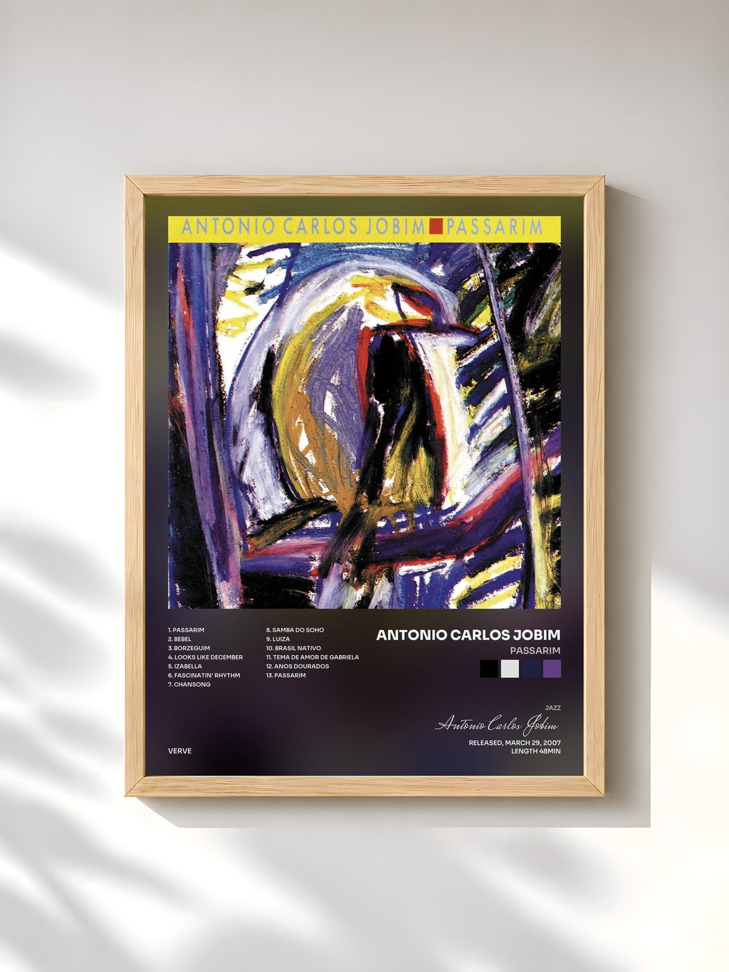#bois Tableau de l'album Passarim de Antonio Carlos Jobim, cadre en bois brut, imprimé et encadré en France