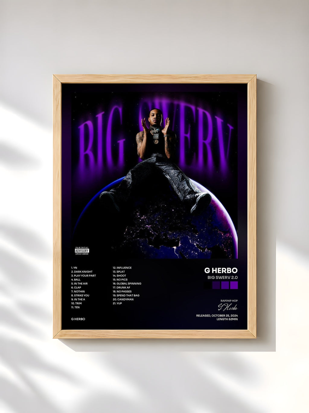 #bois Tableau de l'album Big Swerv 2.0 de G Herbo, cadre en bois brut, imprimé et encadré en France