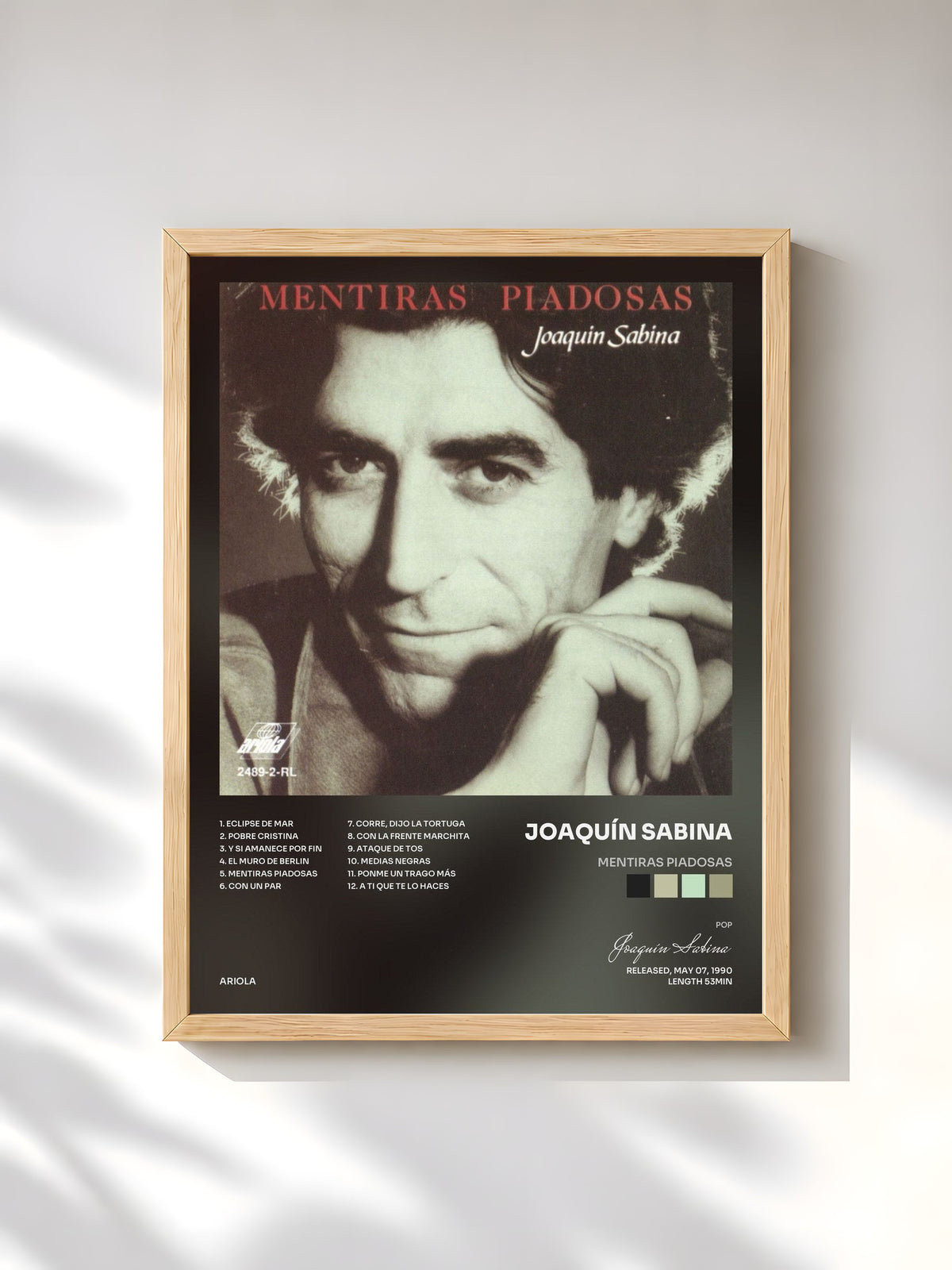#bois Tableau de l'album Mentiras Piadosas de Joaquín Sabina, cadre en bois brut, imprimé et encadré en France