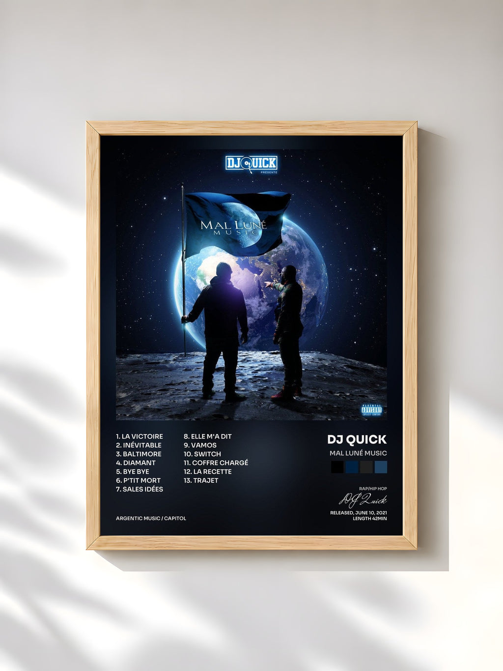 #bois Tableau de l'album Mal Luné Music de DJ Quick, cadre en bois brut, imprimé et encadré en France