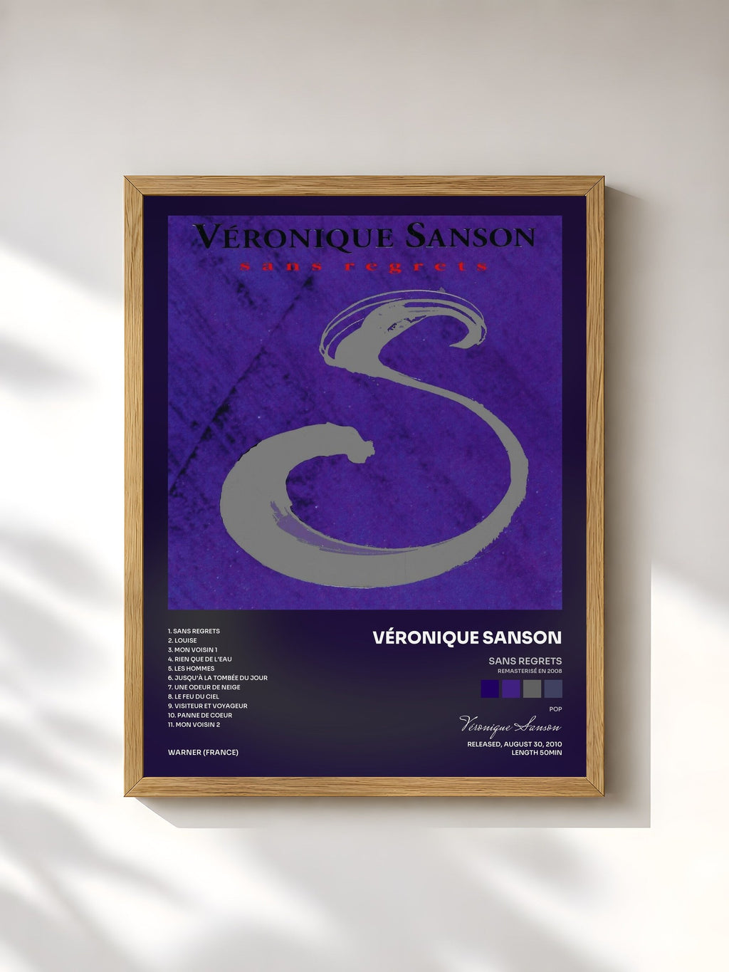 #bois Tableau de l'album Sans regrets (Remasterisé en 2008) de Véronique Sanson, cadre en bois brut, imprimé et encadré en France