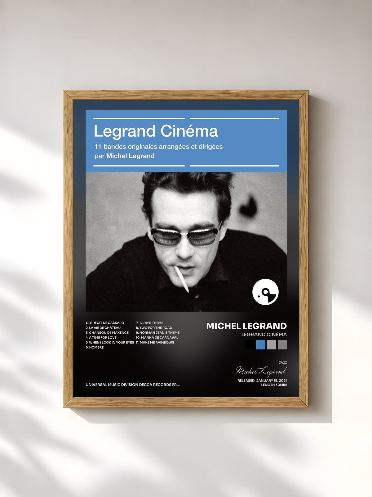 #bois Tableau de l'album Legrand cinéma de Michel Legrand, cadre en bois brut, imprimé et encadré en France