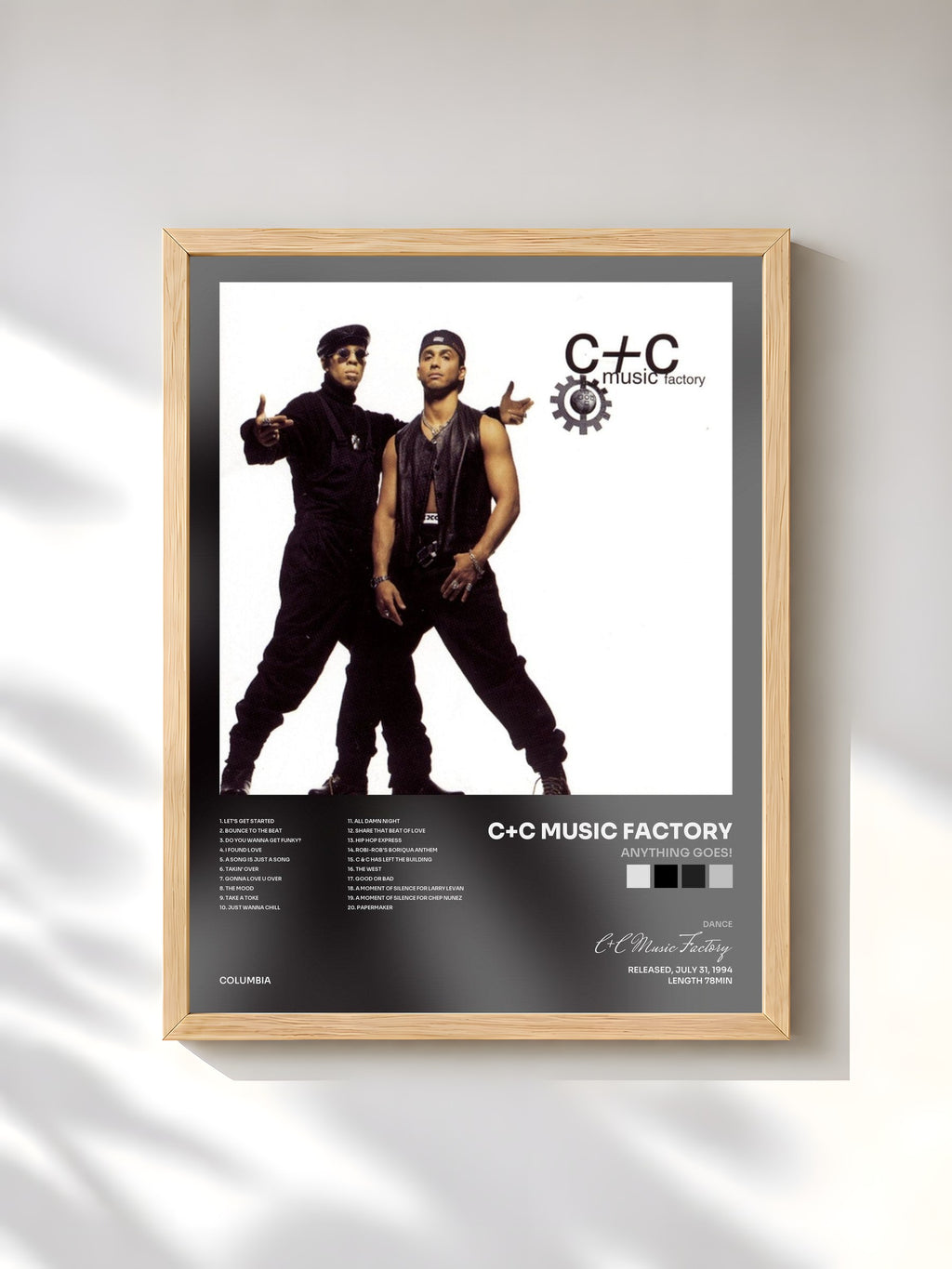 #bois Tableau de l'album Anything Goes! de C+C Music Factory, cadre en bois brut, imprimé et encadré en France