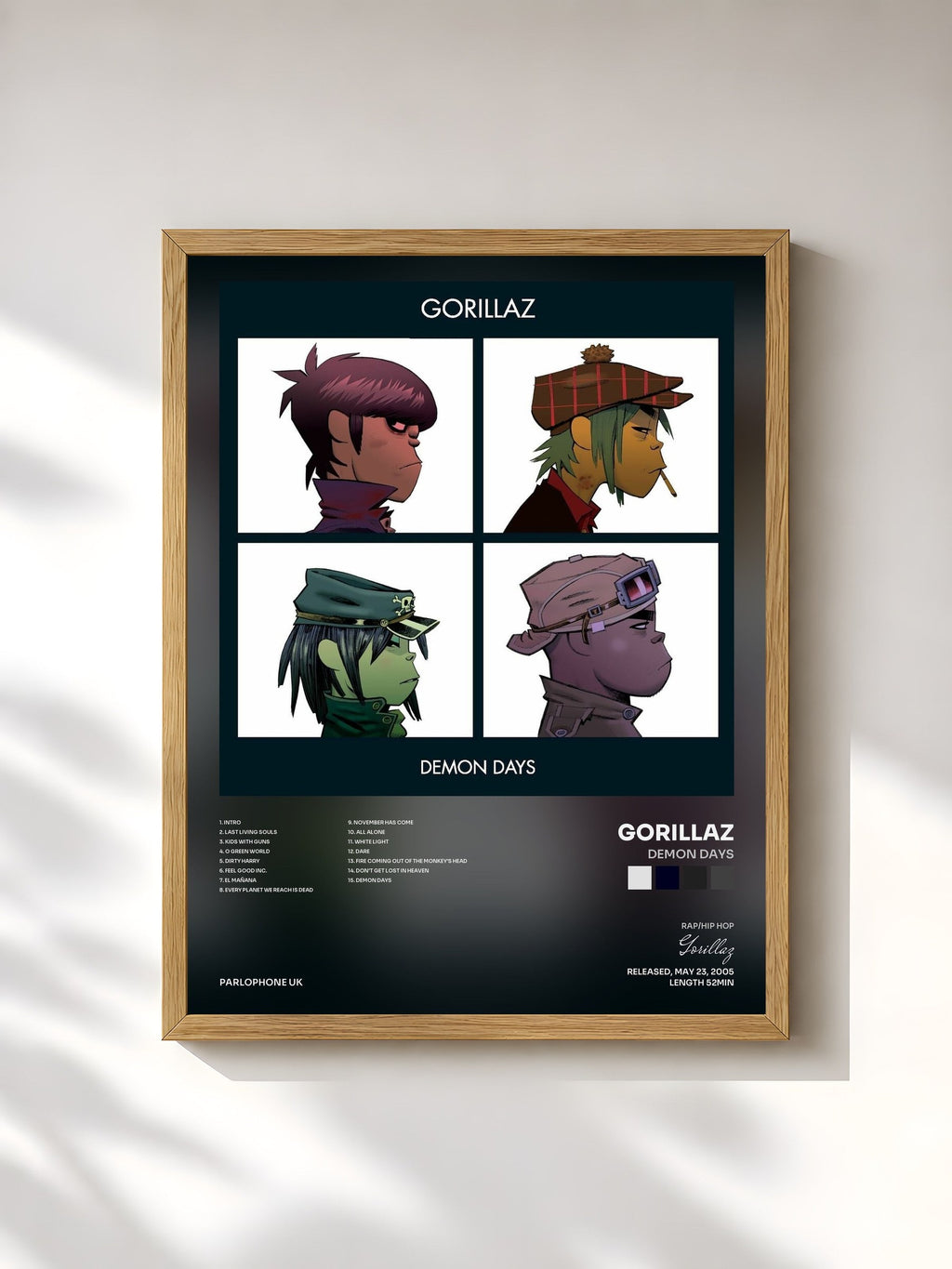 #bois Tableau de l'album Demon Days de Gorillaz, cadre en bois brut, imprimé et encadré en France